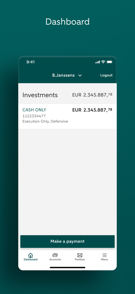 ABN AMRO Belgium PB - Dashboard of the ABN AMRO private banking app showing investment portfolio and account balance