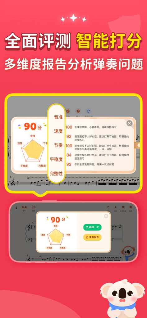Comprehensive AI assessment report with a radar chart showing piano practice performance scores