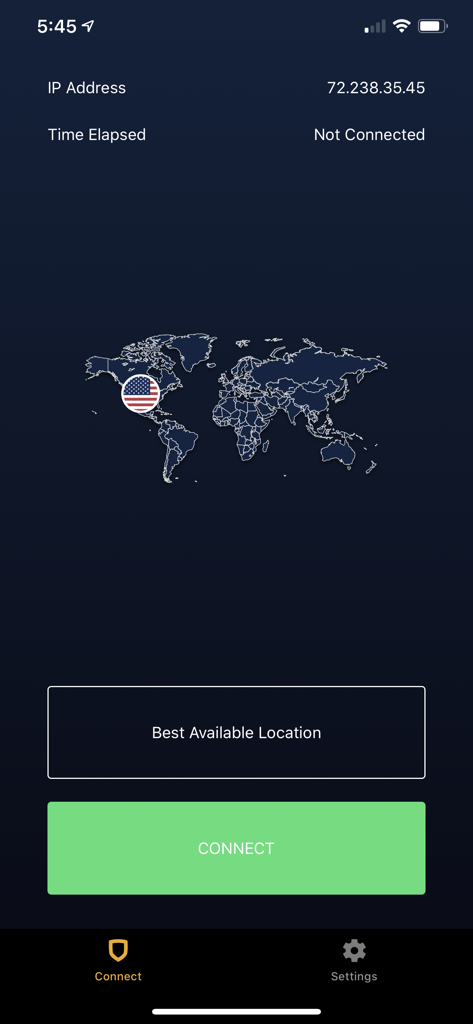 StrongVPN app interface with world map and connect button
