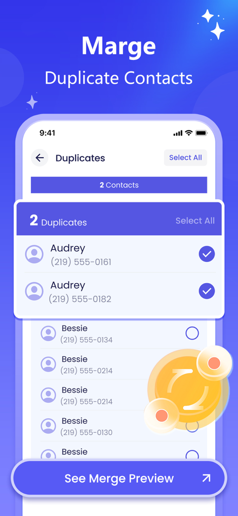 Pure Cleaner app interface for identifying and merging duplicate iPhone contacts