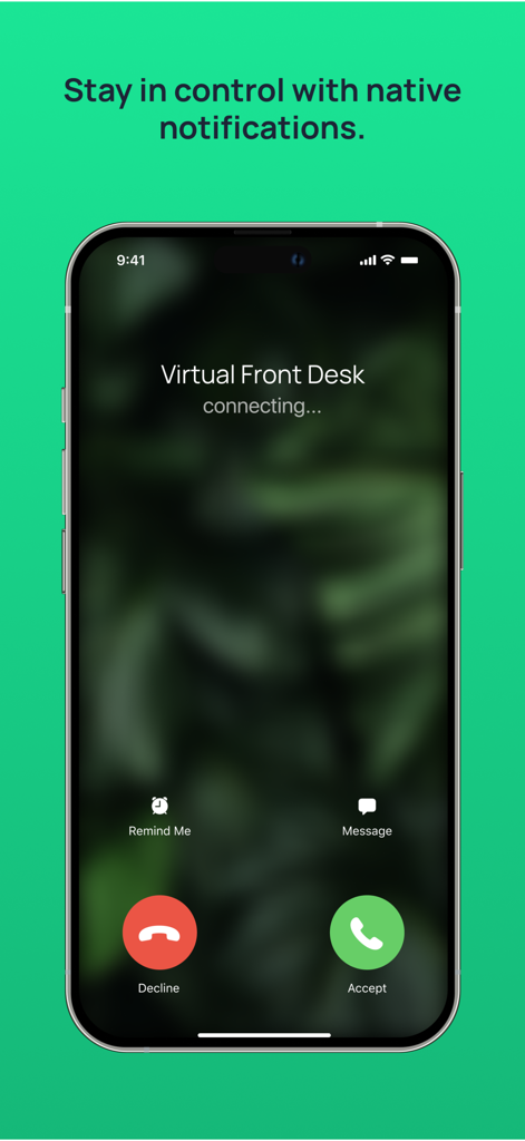 Virtual Front Desk Mobile - Smartphone screen displaying an incoming video call notification from the Virtual Front Desk app