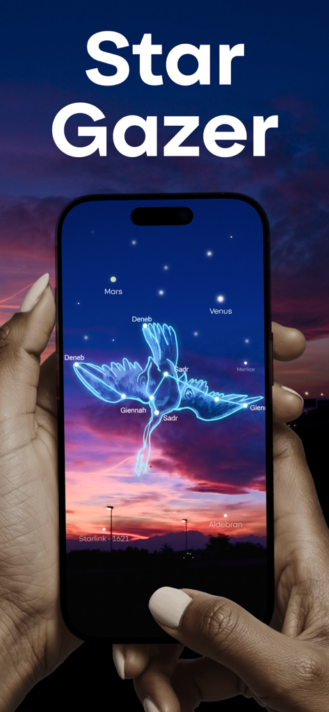 Star Gazer & Night Sky Map - Smartphone screen displaying an AR constellation map of the night sky
