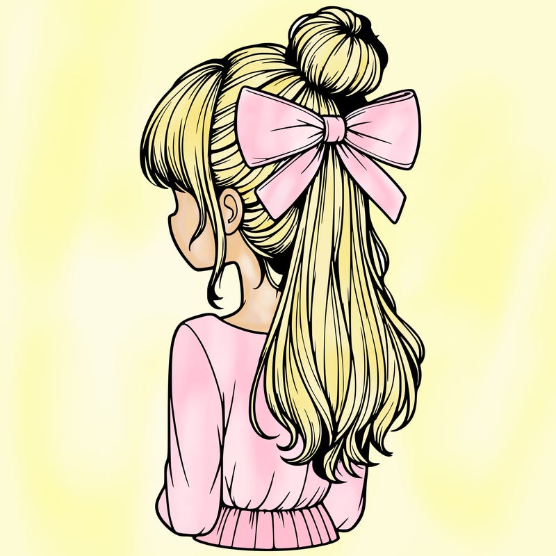 realistic girl  with hip length hair a bun and a big bow on the back of head