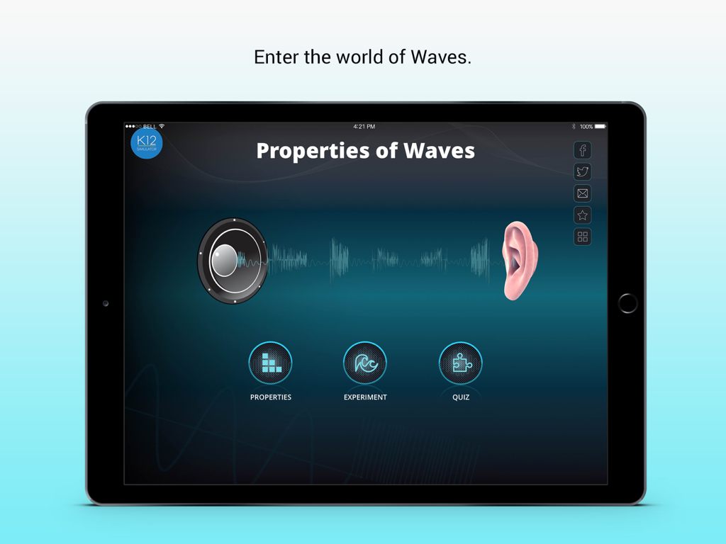Properties Of Waves - Home screen of the Properties of Waves physics simulator app on an iPad
