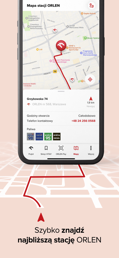 ORLEN VITAY - Captura de pantalla de la aplicación móvil ORLEN VITAY mostrando un mapa con gasolineras cercanas y detalles de ubicación para una estación en Varsovia