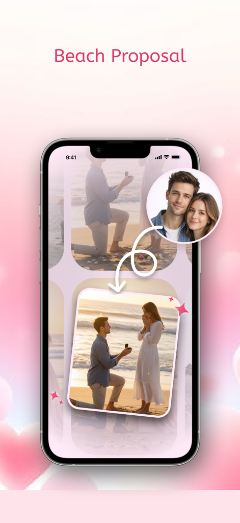 AI Caricature Maker : Photo AI - AI Caricature Maker mostrando uma transformação de proposta na praia a partir de uma foto de casal