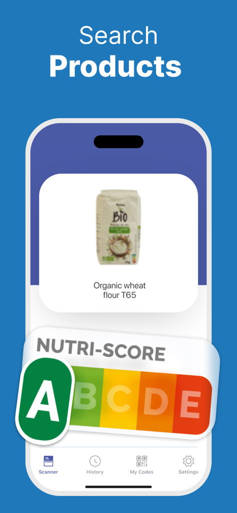 L'application Lecteur de codes QR affichant les détails du produit alimentaire et la note Nutri-Score