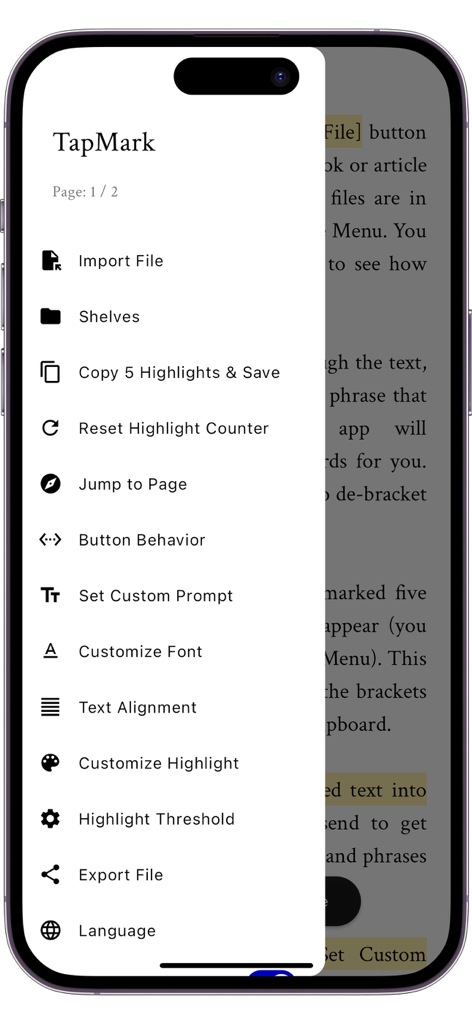TapMark: One-Tap Word Marking - TapMark app side menu displaying features like file import and custom AI prompts