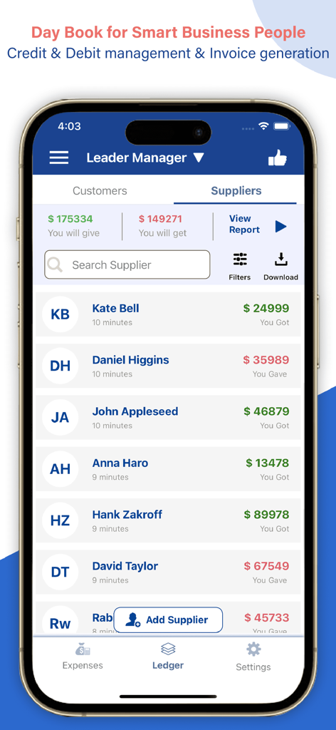 Ledger Book Expense Manager - Tela do aplicativo móvel mostrando uma lista de fornecedores de negócios com valores de transações de crédito e débito.