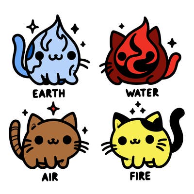 4 cats that represent the different elements, earth, water, air, and fire