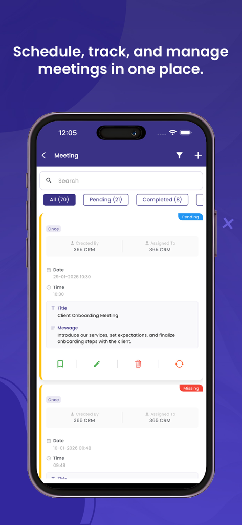 365 CRM - 365 CRM app screen for scheduling and tracking business meetings.