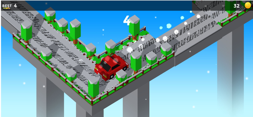 Crossy Bridge Blocky Game - Red blocky car driving across a bridge in a snow environment