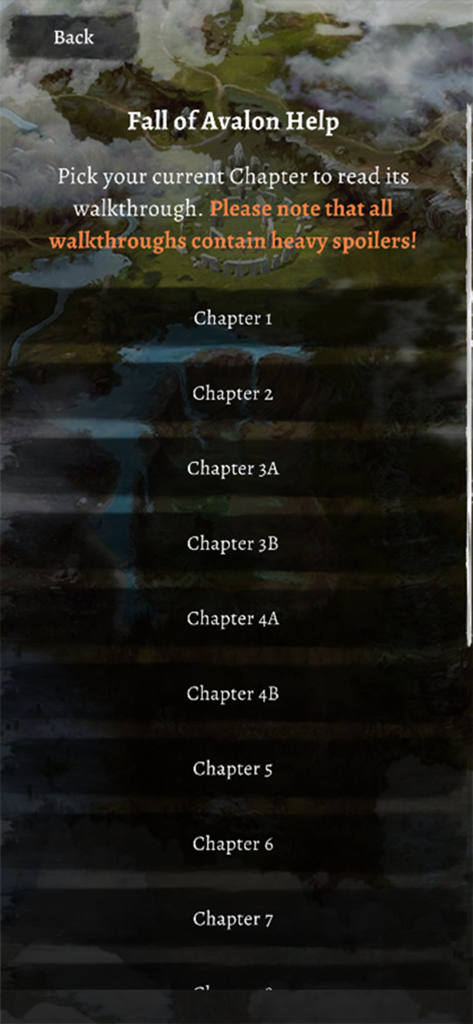 Tainted Grail Companion - Tainted Grail Companion app campaign help screen displaying a list of walkthrough chapters for the Fall of Avalon game