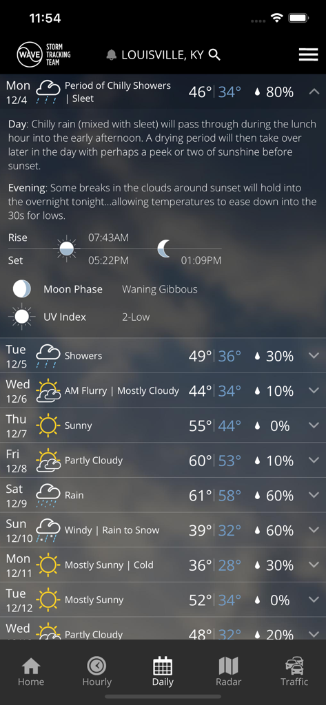 WAVE 3 Louisville Weather app screen showing a 10-day weather forecast and detailed daily conditions for Louisville