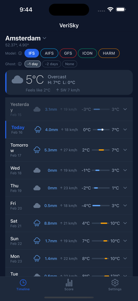 VeriSky - VeriSkyアプリインターフェース、アムステルダムの10日間天気予報タイムラインとモデル比較オプションを表示