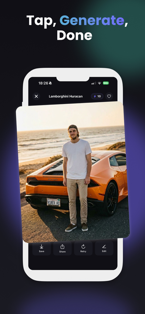 A young man posing next to an AI generated orange Lamborghini Huracan in the Virex app interface.