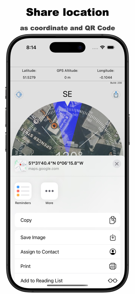 Pantalla de la aplicación Compass Professional que muestra opciones para compartir coordenadas GPS y datos de ubicación.