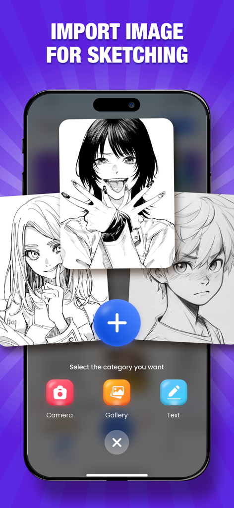 Schermata dello smartphone che mostra le opzioni per importare immagini anime dalla fotocamera o dalla galleria per disegnare