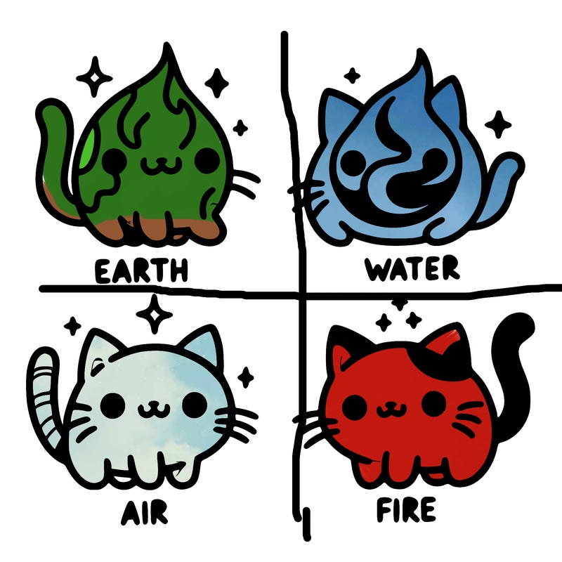 4 cats that represent the different elements, earth, water, air, and fire