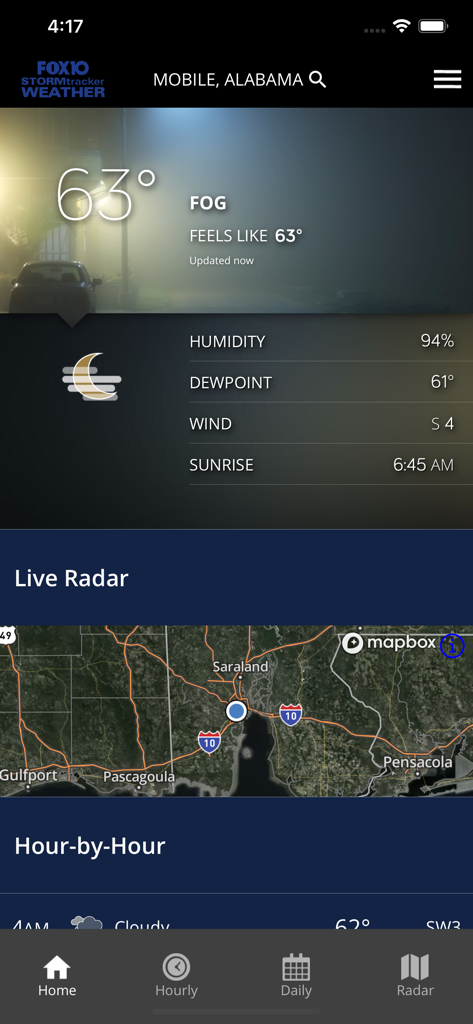 FOX10 Weather Mobile Alabama - FOX10 Weather app interface showing current fog conditions and live radar for Mobile Alabama.