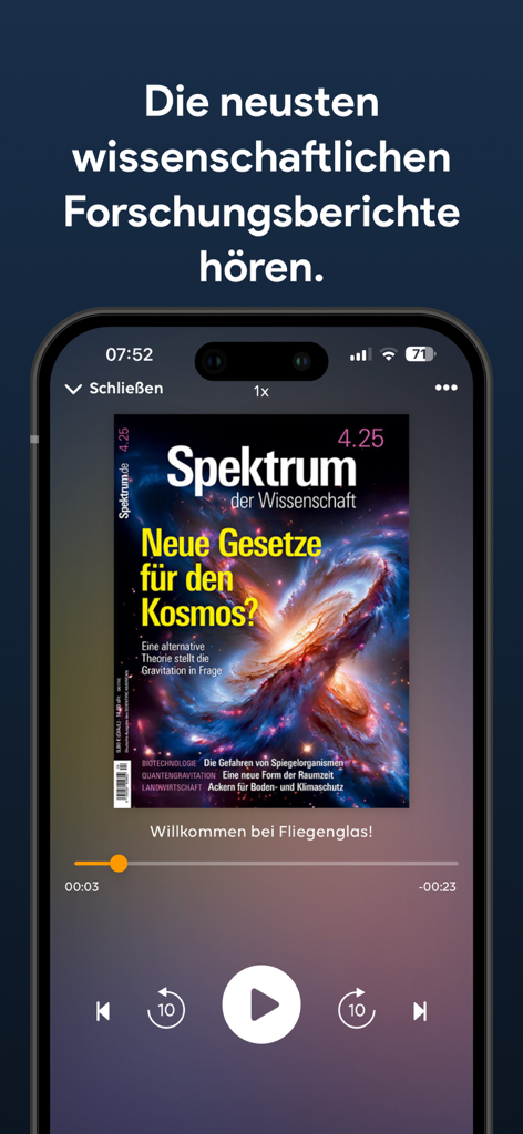 Interface móvel do aplicativo Fliegenglas reproduzindo um audiolivro de pesquisa científica da revista Spektrum der Wissenschaft