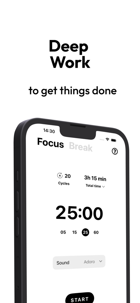 Minimalist pomodoro focus timer interface in the Onrise app for deep work sessions