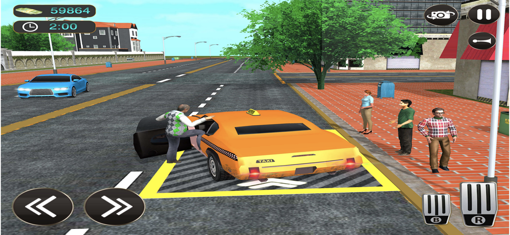 Yellow taxi picking up a passenger in a city driving game