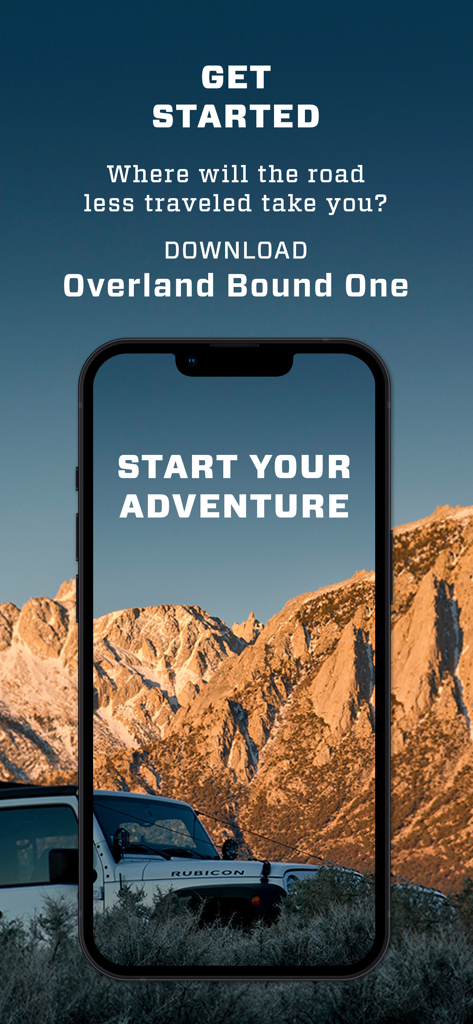 Overland Bound One: Maps & GPS - Overland Bound One welcome screen showing a mountain landscape and an off-road vehicle