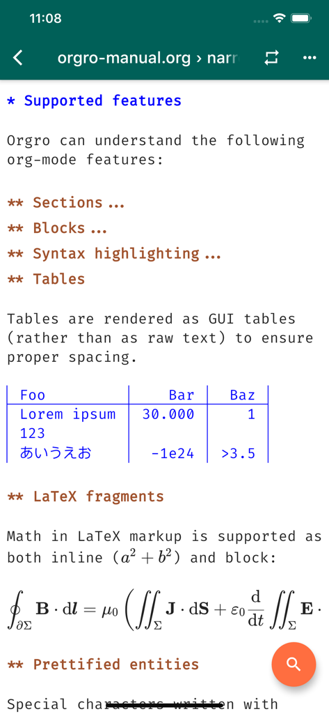 Orgro app interface showing rendered LaTeX math formulas and a formatted table in an Org Mode document