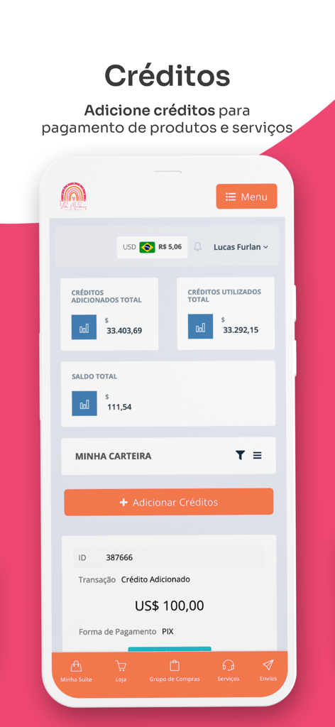 Interface do aplicativo Yeda mostrando a carteira digital e a tela de adicionar créditos para pagamentos de compras