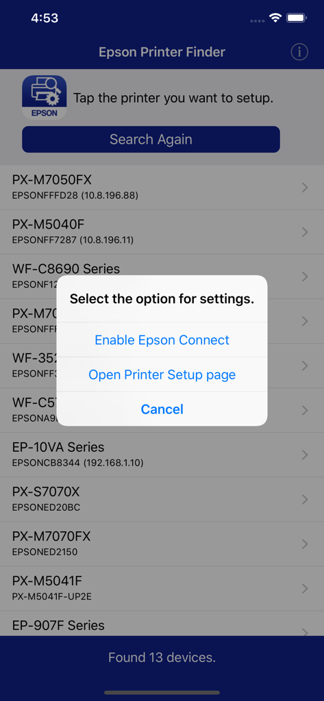 Epson Printer Finder - Epson Printer Finder app interface showing a list of discovered network printers and a settings popup with options to Enable Epson Connect or Open Printer Setup page