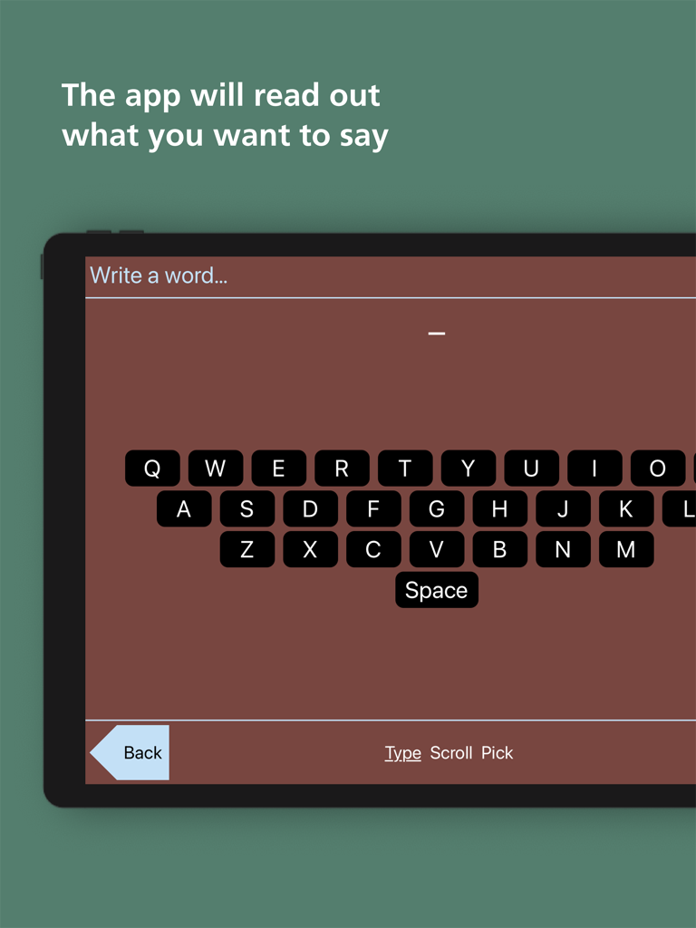 ICU Communication App - Eine einfache Tastaturoberfläche auf einem iPad für die ICU Kommunikations-App, mit der Patienten Nachrichten eingeben können.
