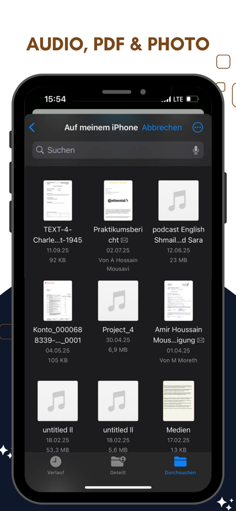TransIntel - Translation AI - Interface showing audio, PDF and photo file translation options in TransIntel