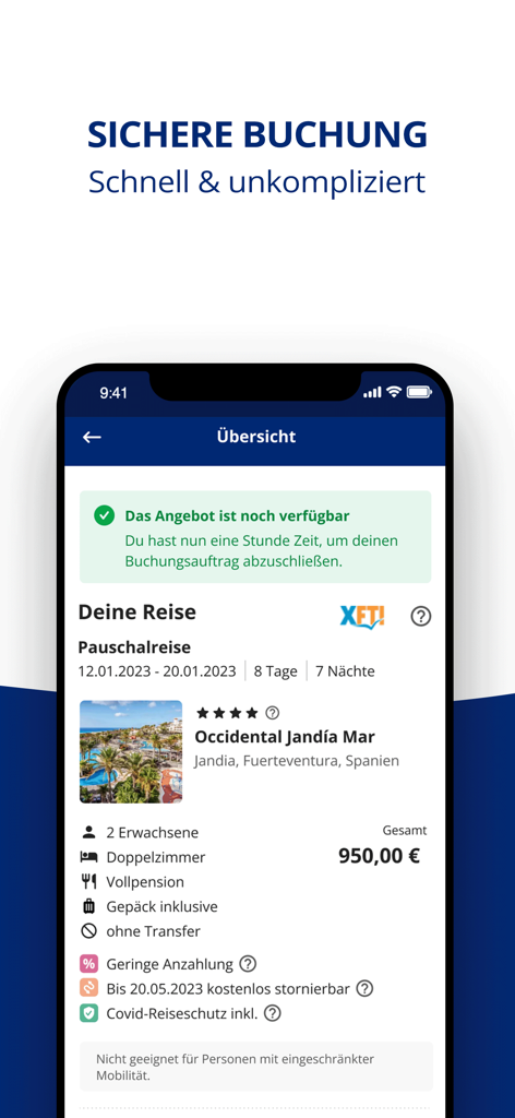 ab in den urlaub: Reise buchen - Pantalla de smartphone que muestra un resumen de reserva de viaje para unas vacaciones combinadas a Fuerteventura, España, en la aplicación ab in den urlaub.