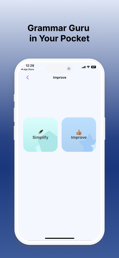 수학 문제 풀이 앱에서 문법 개선 및 텍스트 단순화 옵션을 보여주는 스마트폰 디스플레이