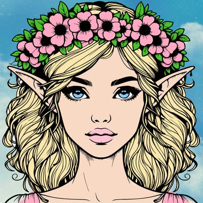 realistic female elf with flower crown