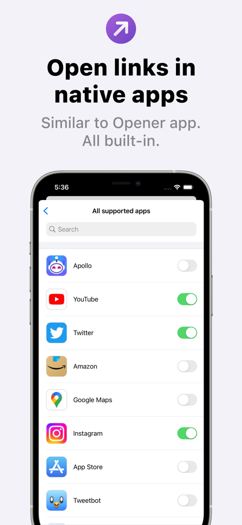 Orion Browser settings page allowing users to open web links in native apps like YouTube and Instagram.
