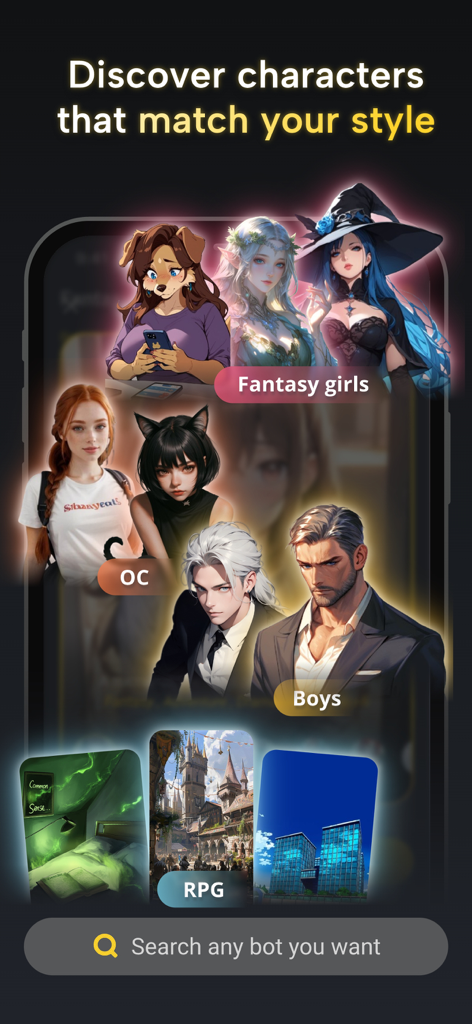 Fantasia AI - Pantalla de la aplicación Fantasia AI que muestra varias categorías de personajes para el descubrimiento de juegos de rol, incluidas Chicas de fantasía, Chicos OC y RPG.