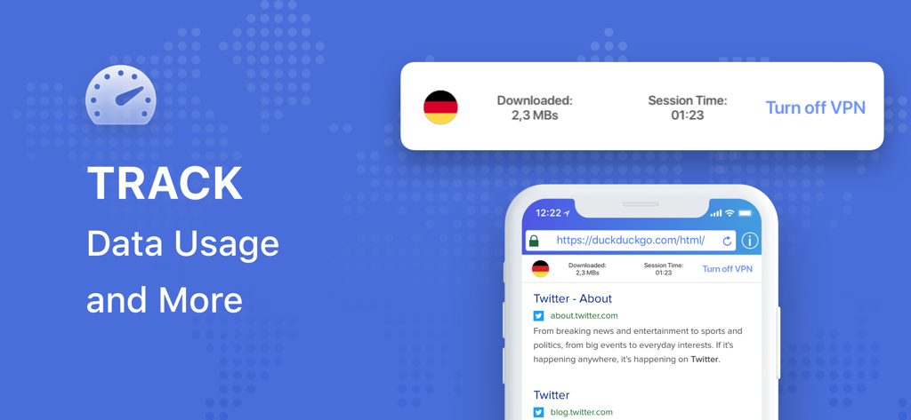 iPhone上のデータ使用統計とセッション時間を示すTOR Browser Private + VPNアプリのインターフェイス。
