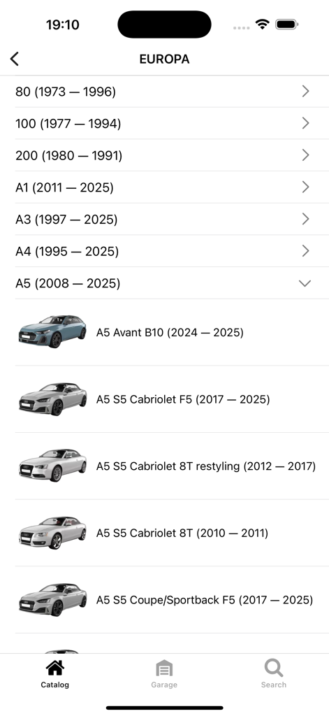 Car parts for Audi - diagrams - Audi parts catalog showing a list of car models like A3 A4 and A5 with specific year ranges and vehicle images