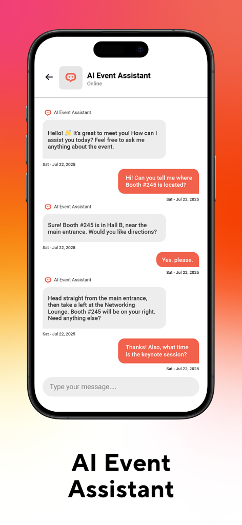 AI assistant chat interface in the vFairs app showing booth directions and event schedule information
