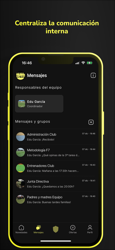 Interface do aplicativo Teamtag exibindo grupos de mensagens internas para administração do clube de futebol, treinadores e pais.