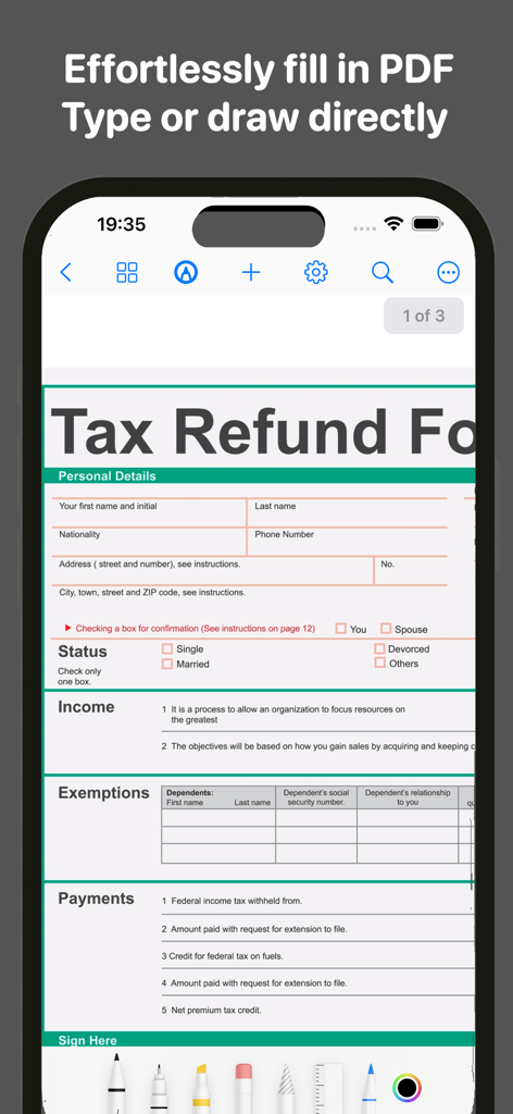 Una interfaz móvil de la aplicación FreePDF que muestra un formulario de reembolso de impuestos siendo completado usando herramientas digitales de dibujo y escritura.