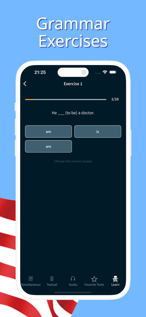 A screen from the English Reading and Audio Books app showing a multiple-choice grammar exercise.