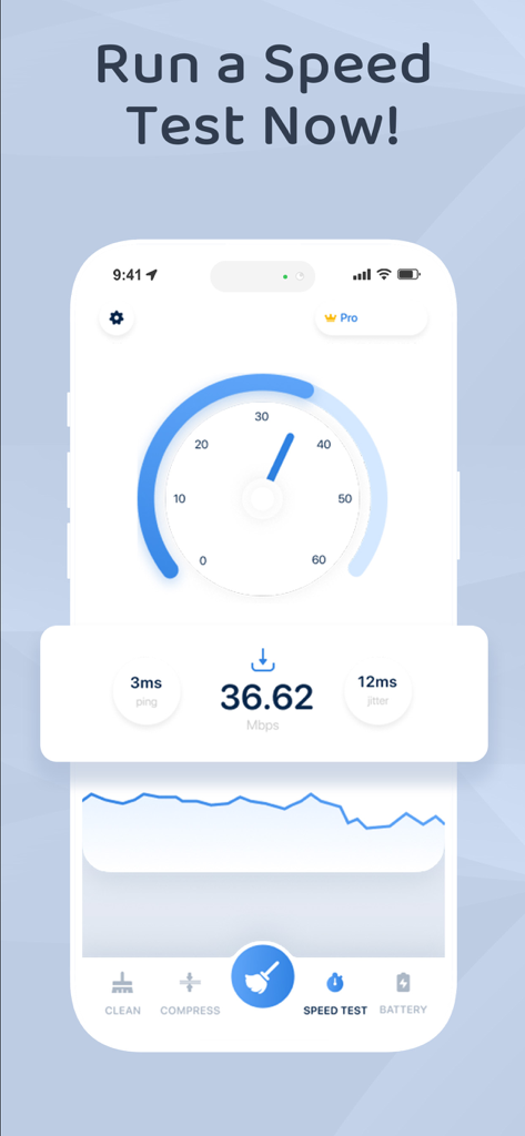 Boost Cleaner app showing a speed test interface with network performance results