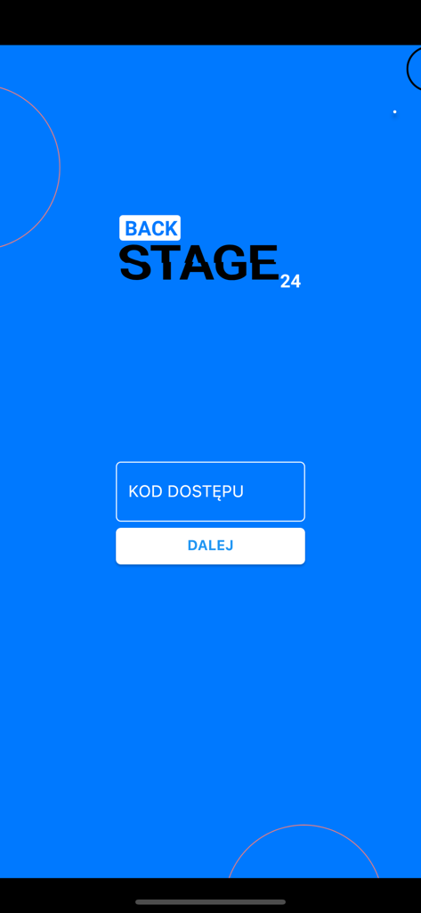 Stage24 App Anmeldebildschirm mit einem Eingabefeld für den Zugangscode und einer Weiter-Schaltfläche auf blauem Hintergrund