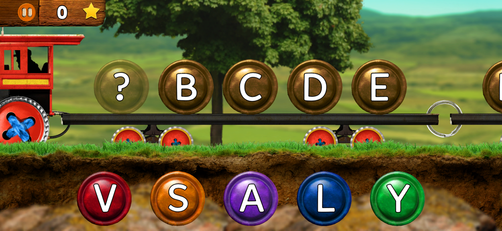 A children's educational game showing a train with letter buttons and a row of colorful buttons below for alphabet sequencing