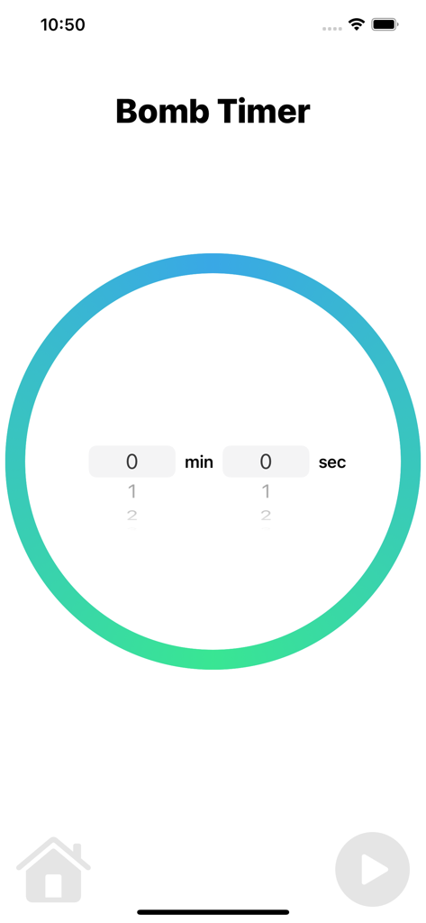 Bomber Timer 앱 인터페이스, 원형 그라데이션 타이머와 분 및 초 선택 휠이 보임