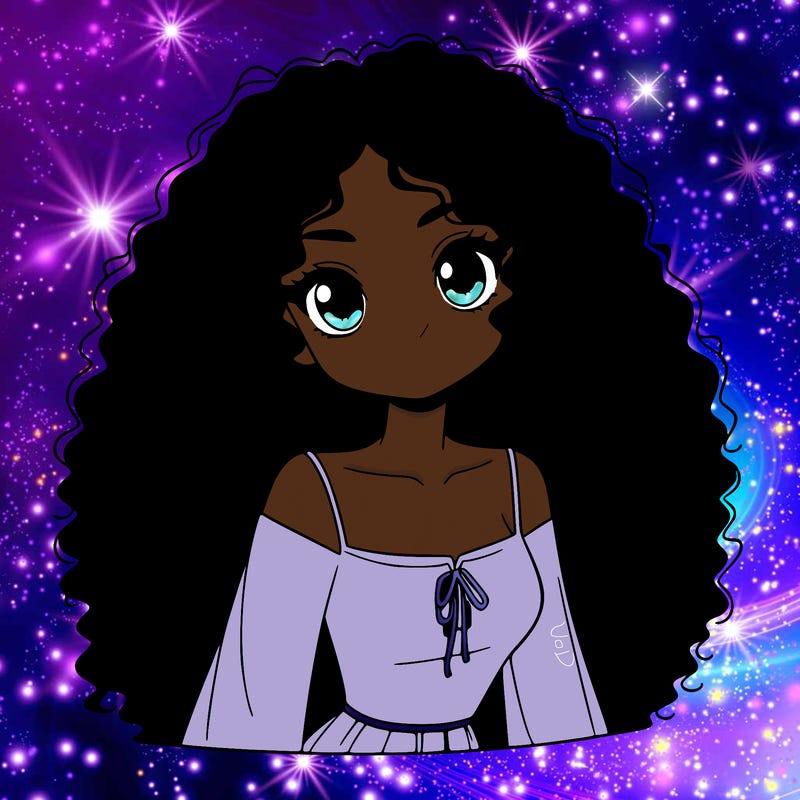 a black anime girl with long afro hair