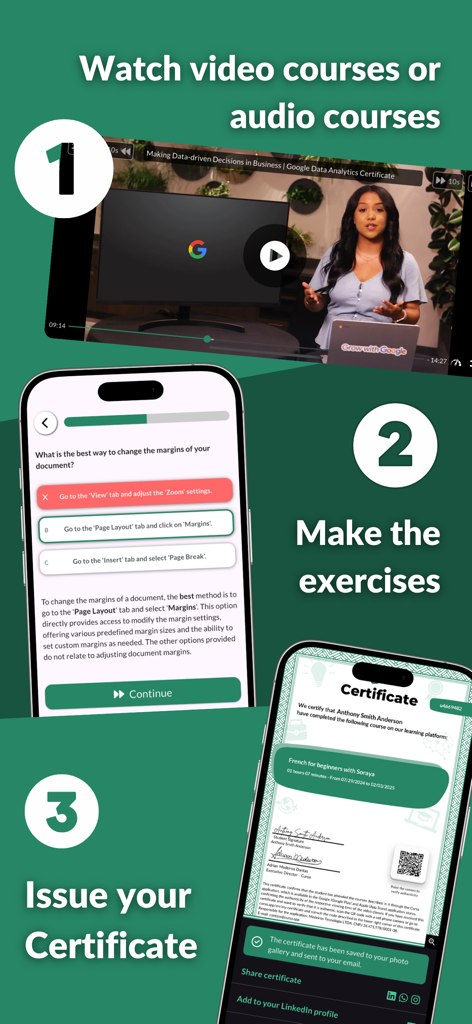 Cursa - Learn anything - Guida in 3 fasi per l'app Cursa che mostra corsi video, esercizi interattivi e un certificato di completamento digitale.